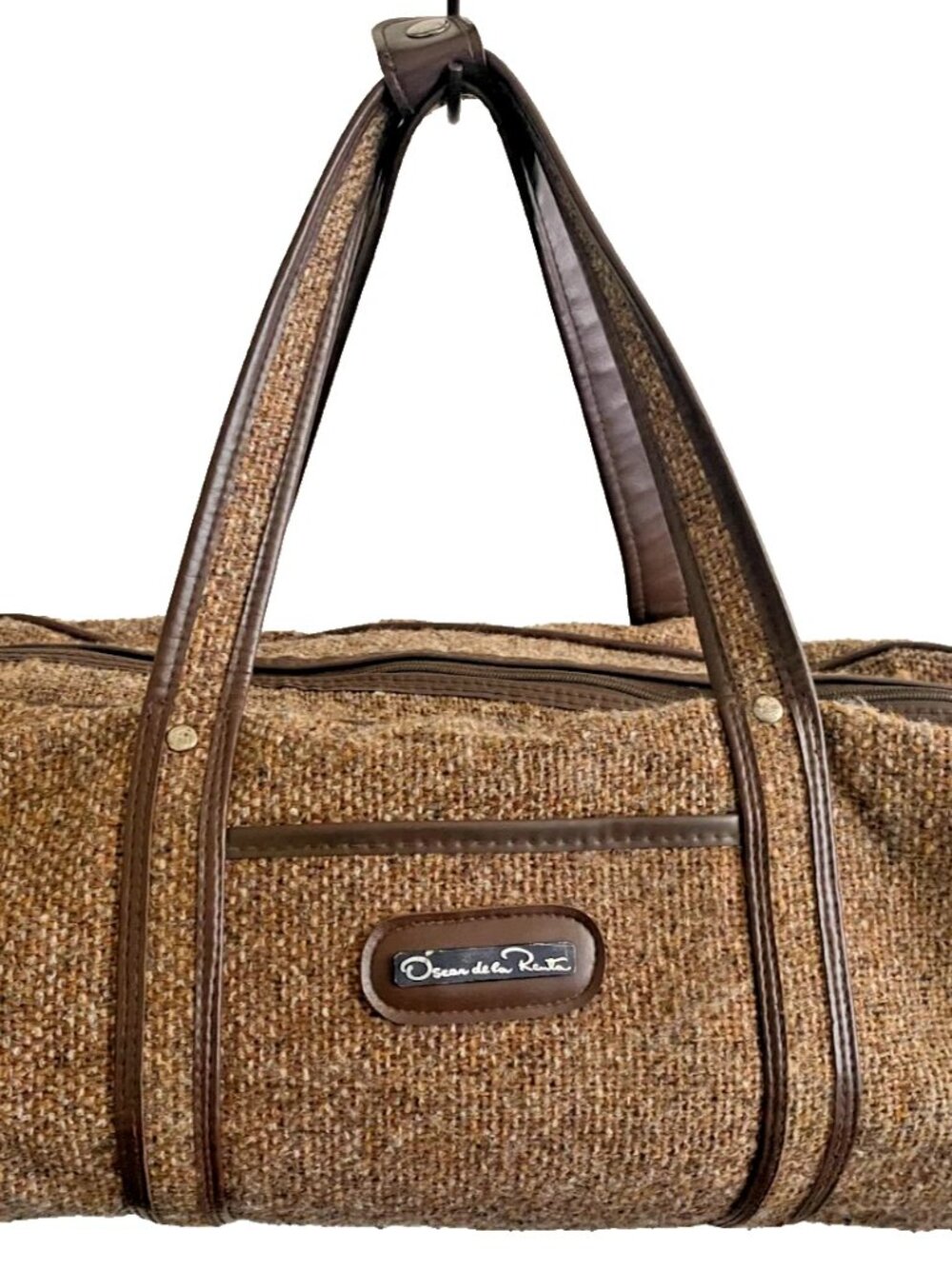 Vtg 90's Oscar De La Renta Duffle Bag Brown Tweed Wool Faux Leather